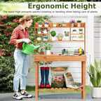 Costway Potting Bench Table with Flip-up Tabletop, Storage Shelves for Patio Porch Balcony Brown/Natural