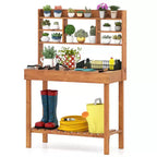 Costway Potting Bench Table with Flip-up Tabletop, Storage Shelves for Patio Porch Balcony Brown/Natural