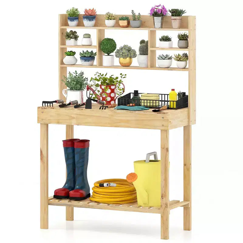 Costway Potting Bench Table with Flip-up Tabletop, Storage Shelves for Patio Porch Balcony Brown/Natural
