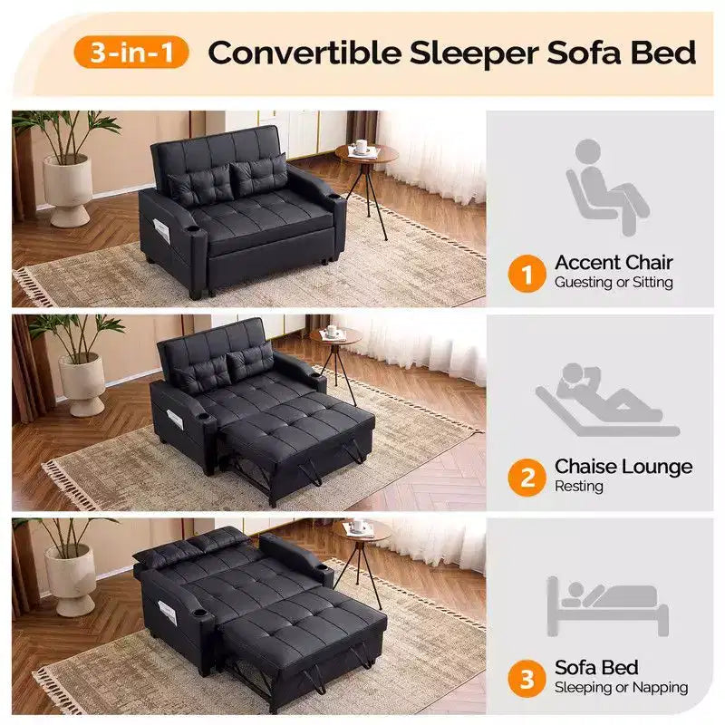 Upholstered Cat's Claw Leather Convertible Reclining Sleeper Sofa Bed With Cushions For Small Spaces
