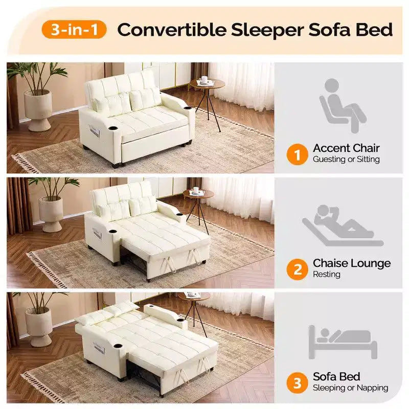 Upholstered Cat's Claw Leather Convertible Reclining Sleeper Sofa Bed With Cushions For Small Spaces