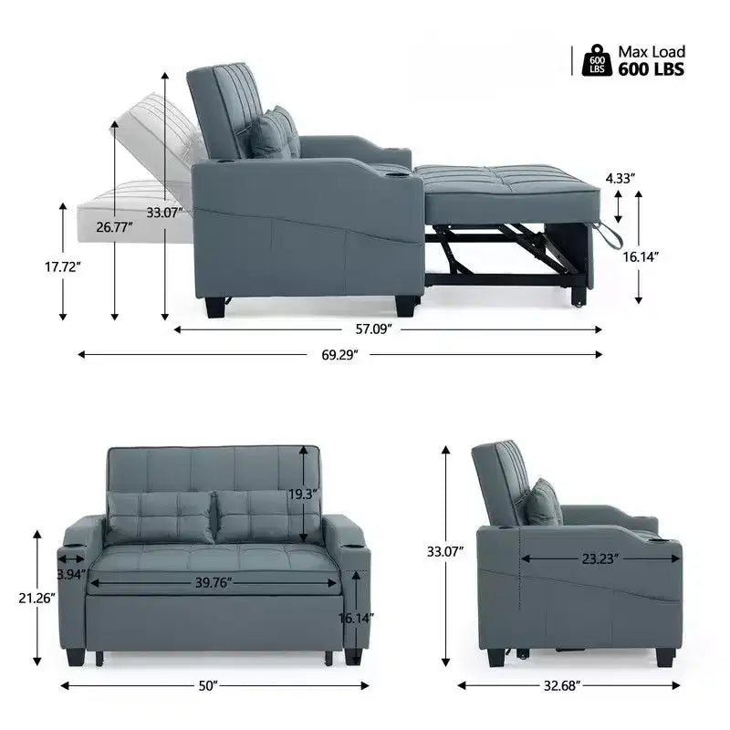 Upholstered Cat's Claw Leather Convertible Reclining Sleeper Sofa Bed With Cushions For Small Spaces