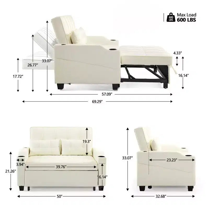 Upholstered Cat's Claw Leather Convertible Reclining Sleeper Sofa Bed With Cushions For Small Spaces