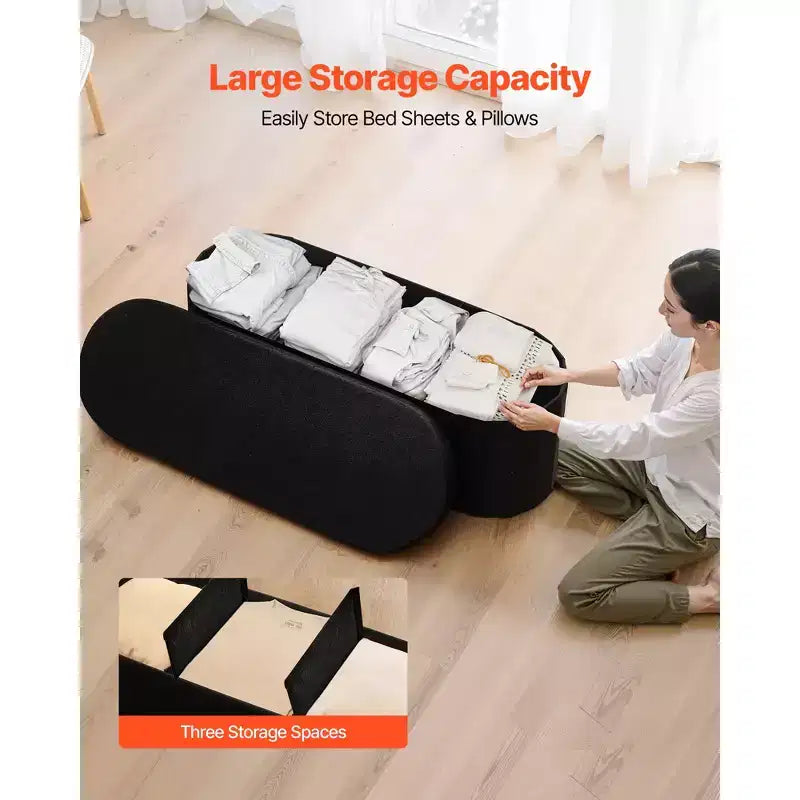 VEVOR Oval Storage Ottoman Bench, Foldable Teddy Fleece End of Bed Bench,Folding Upholstered Bed Ottoman Chest with Large Storage Space,660 lbs, Black
