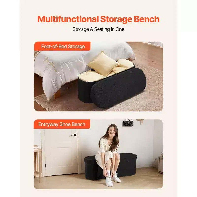 VEVOR Oval Storage Ottoman Bench, Foldable Teddy Fleece End of Bed Bench,Folding Upholstered Bed Ottoman Chest with Large Storage Space,660 lbs, Black