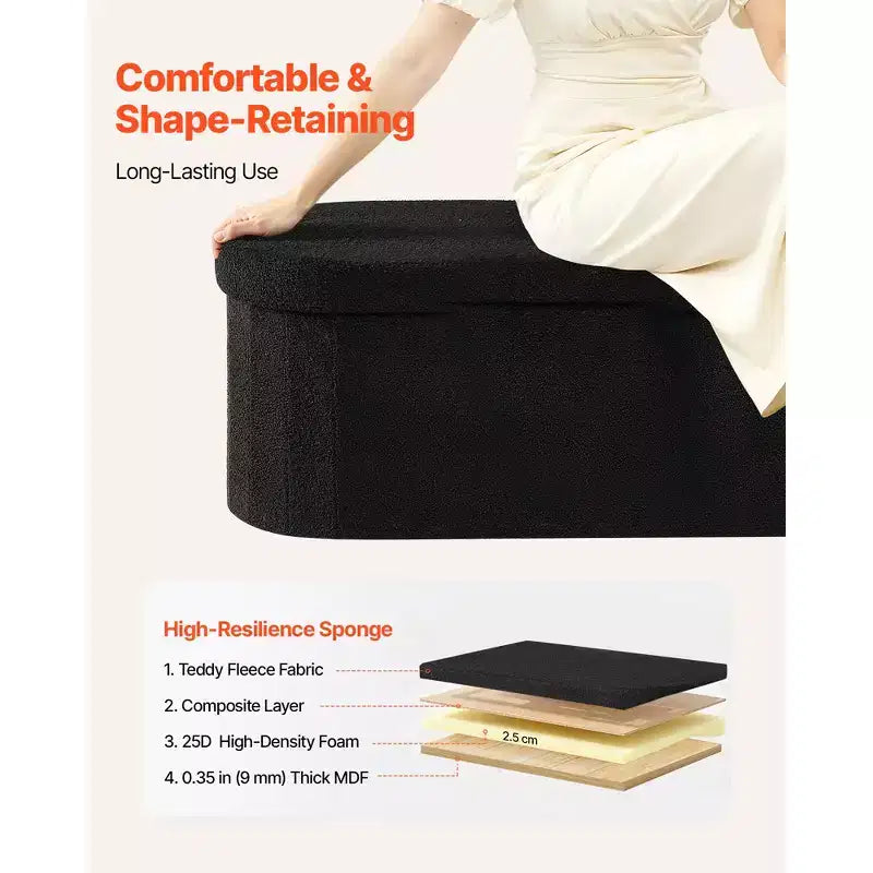 VEVOR Oval Storage Ottoman Bench, Foldable Teddy Fleece End of Bed Bench,Folding Upholstered Bed Ottoman Chest with Large Storage Space,660 lbs, Black