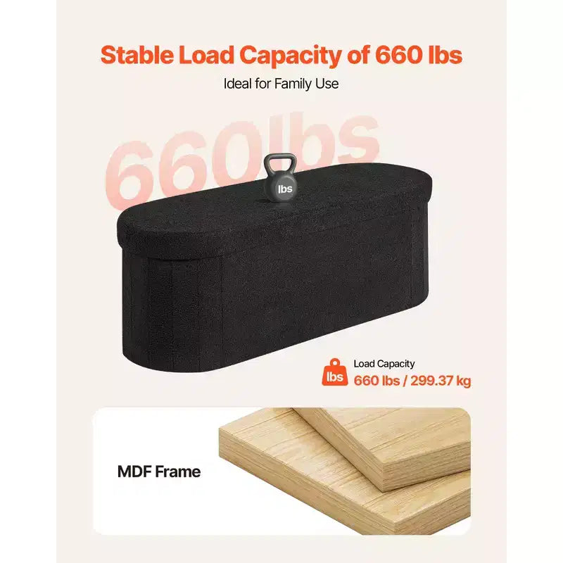 VEVOR Oval Storage Ottoman Bench, Foldable Teddy Fleece End of Bed Bench,Folding Upholstered Bed Ottoman Chest with Large Storage Space,660 lbs, Black