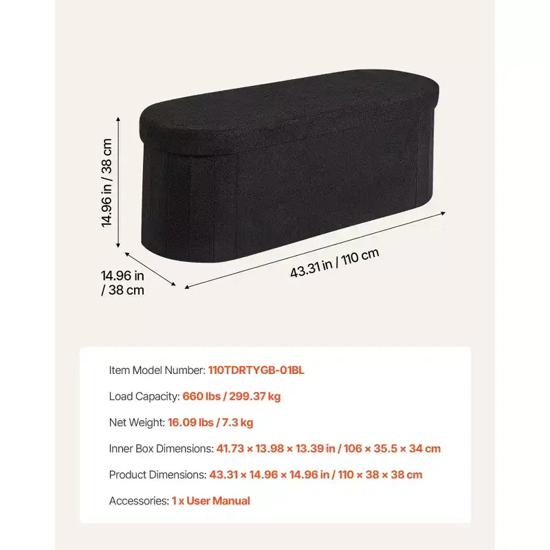 VEVOR Oval Storage Ottoman Bench, Foldable Teddy Fleece End of Bed Bench,Folding Upholstered Bed Ottoman Chest with Large Storage Space,660 lbs, Black