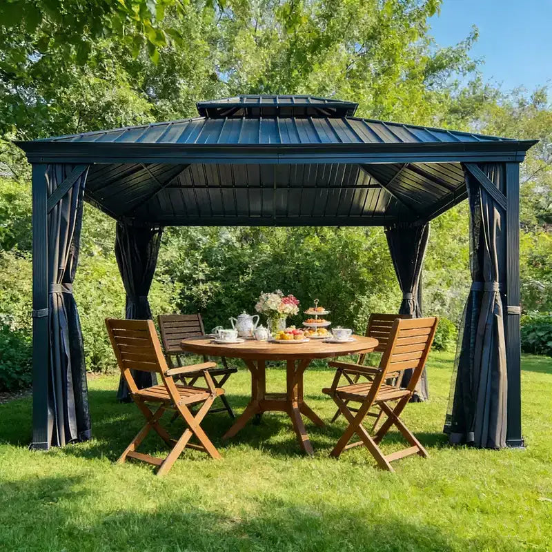 Clihome 12'x14' Hardtop Gazebo, Aluminum Frame, Double Roof, UV Protection, Curtains & Netting, Outdoor Patio Permanent Gazebo