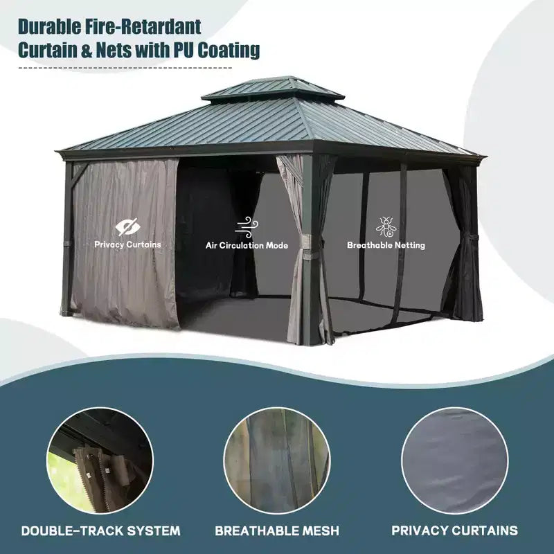 Clihome 12'x14' Hardtop Gazebo, Aluminum Frame, Double Roof, UV Protection, Curtains & Netting, Outdoor Patio Permanent Gazebo