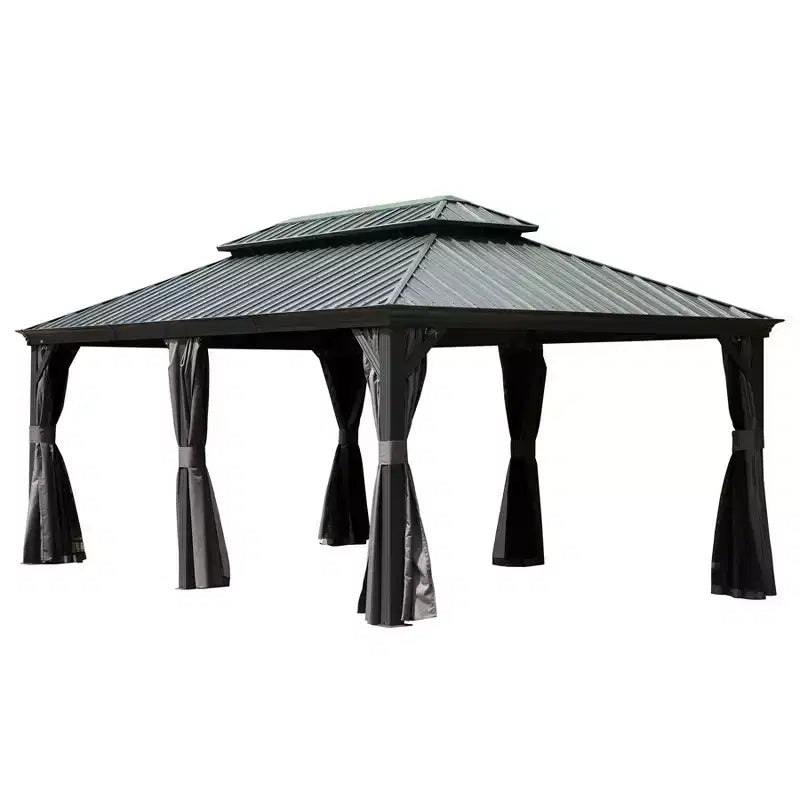 Clihome 12'x 20' Hardtop Gazebo Grey - Aluminum Frame Double Roof with Curtains & Netting