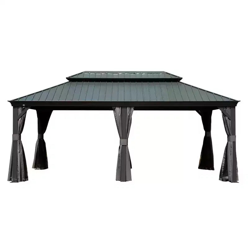 Clihome 12'x 20' Hardtop Gazebo Grey - Aluminum Frame Double Roof with Curtains & Netting