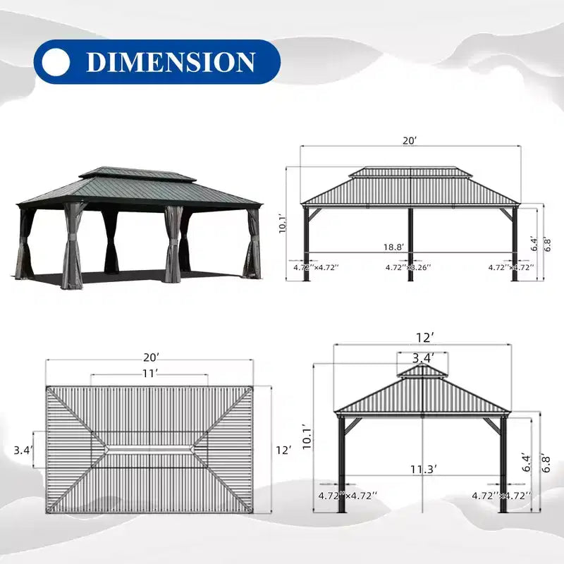Clihome 12'x 20' Hardtop Gazebo Grey - Aluminum Frame Double Roof with Curtains & Netting