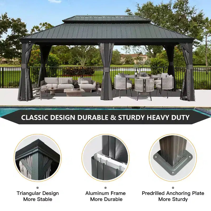 Clihome 12'x 20' Hardtop Gazebo Grey - Aluminum Frame Double Roof with Curtains & Netting