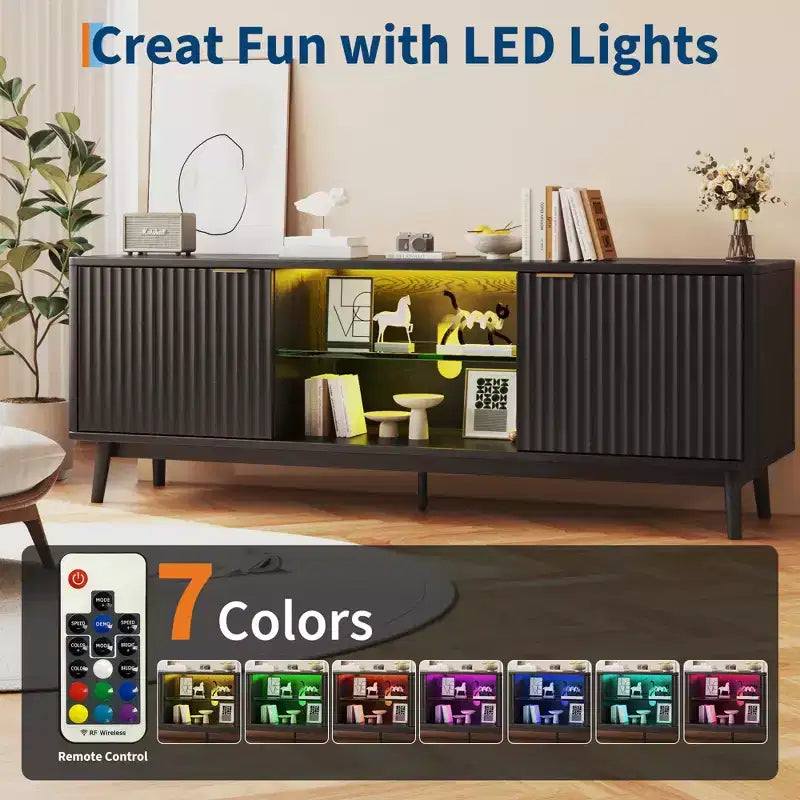 Modern Black TV Stand  Adjustable Shelf & 2-Door Storage Cabinet, Entertainment Center for Living Room or Bedroom
