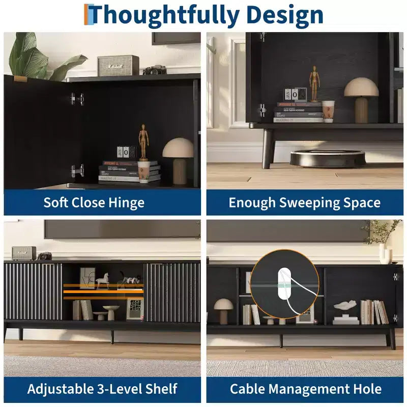 Modern Black TV Stand  Adjustable Shelf & 2-Door Storage Cabinet, Entertainment Center for Living Room or Bedroom