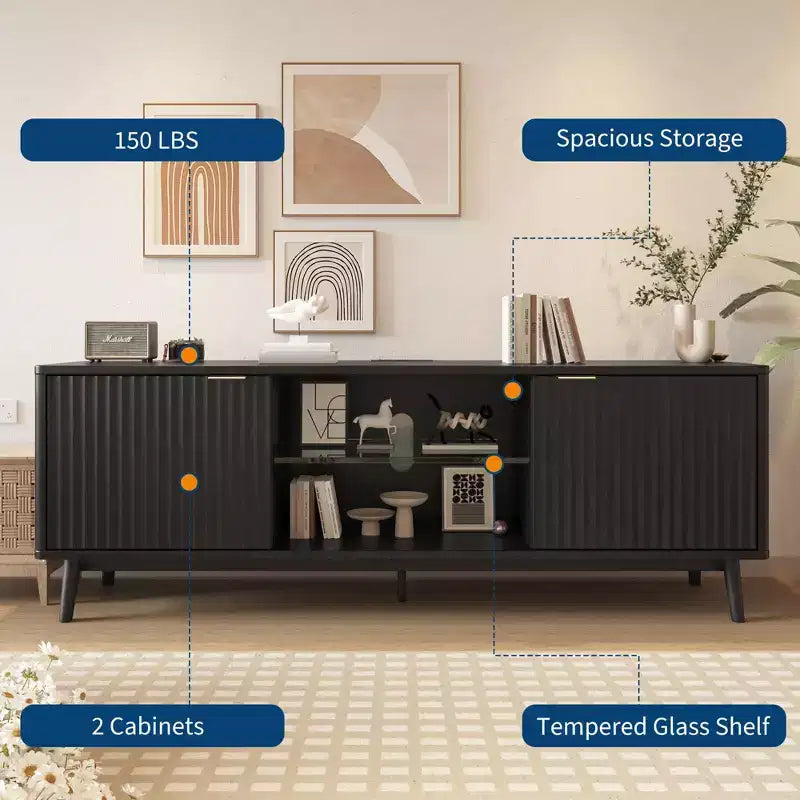 Modern Black TV Stand  Adjustable Shelf & 2-Door Storage Cabinet, Entertainment Center for Living Room or Bedroom