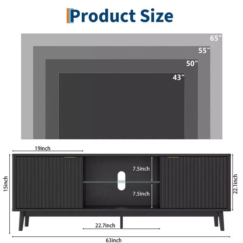 Modern Black TV Stand  Adjustable Shelf & 2-Door Storage Cabinet, Entertainment Center for Living Room or Bedroom
