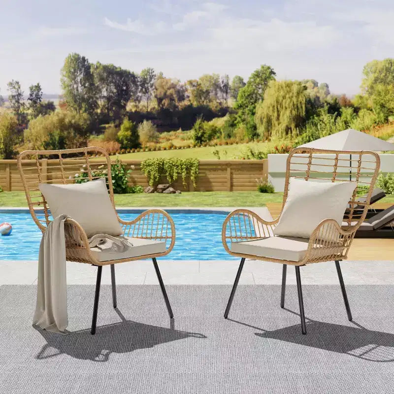 Set of 2 Boho Rattan Chair,AllWeather Wicker Patio Chairs with Thick Cushions & Pillows for Poolside,Patio,Balcony,Porch,Backyard&Indoor Living Room