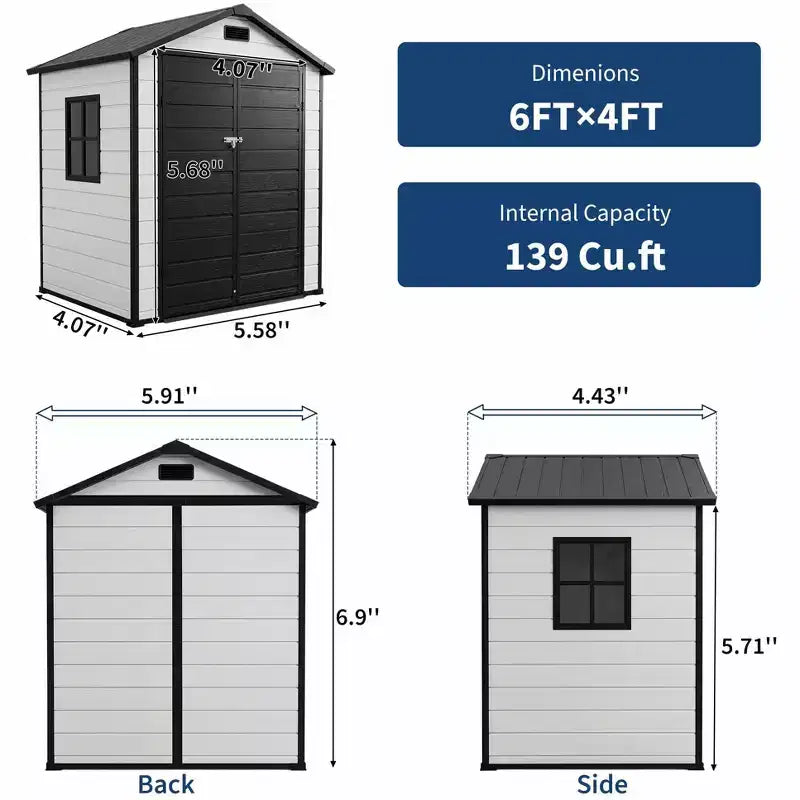 6x4 ft Natural Wood Color Resin Outdoor Storage Shed with Floor, Window, Lockable Door, 2 Vents & Sloped Roof for Patio, Garden & Tool Storage