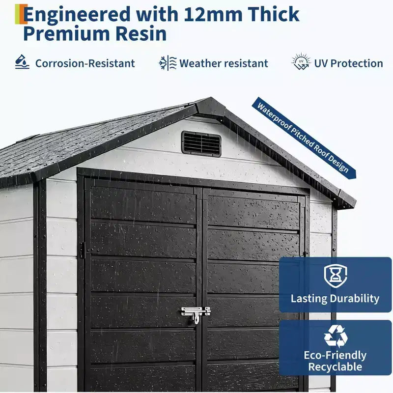 6x4 ft Natural Wood Color Resin Outdoor Storage Shed with Floor, Window, Lockable Door, 2 Vents & Sloped Roof for Patio, Garden & Tool Storage