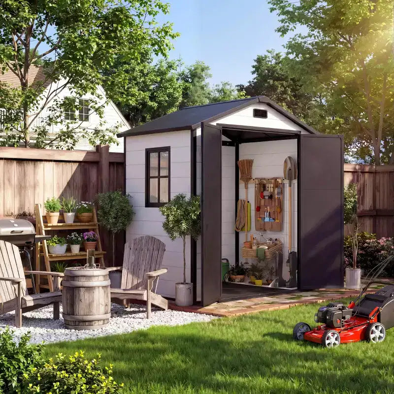 6x4 ft Natural Wood Color Resin Outdoor Storage Shed with Floor, Window, Lockable Door, 2 Vents & Sloped Roof for Patio, Garden & Tool Storage