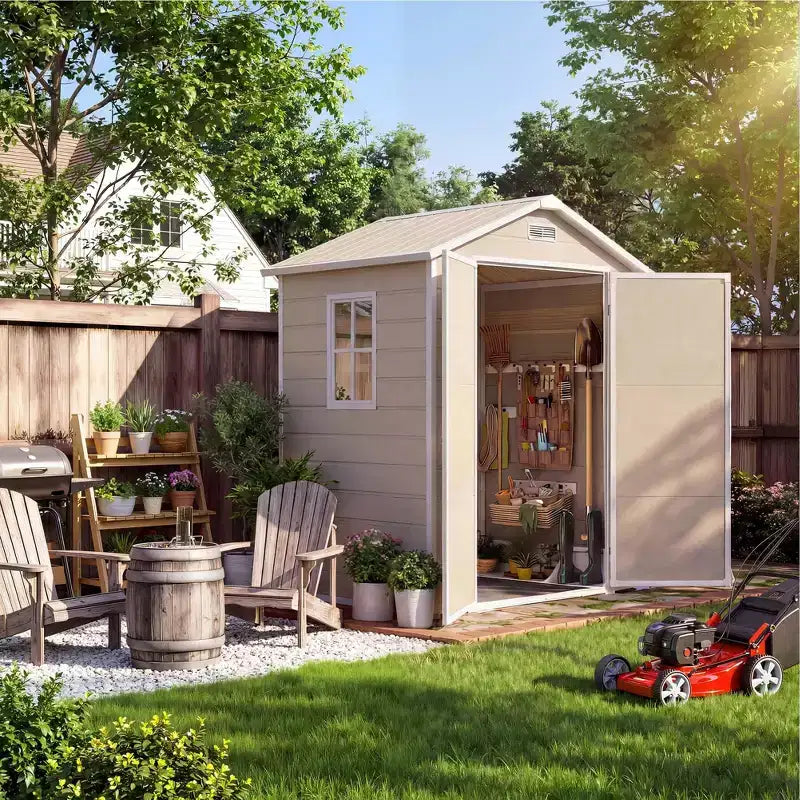 6x4 ft Natural Wood Color Resin Outdoor Storage Shed with Floor, Window, Lockable Door, 2 Vents & Sloped Roof for Patio, Garden & Tool Storage