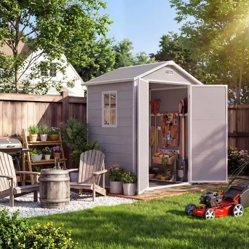 6x4 ft Natural Wood Color Resin Outdoor Storage Shed with Floor, Window, Lockable Door, 2 Vents & Sloped Roof for Patio, Garden & Tool Storage
