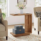 Lantine 2-Tier C-Shaped Side Table Set of 2: Narrow, Sturdy Pedestal, Industrial Design for Living Room/Bedroom, Walnut Brown.