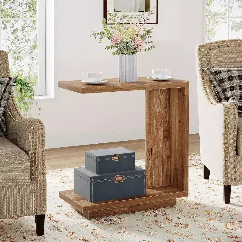 Lantine 2-Tier C-Shaped Side Table Set of 2: Narrow, Sturdy Pedestal, Industrial Design for Living Room/Bedroom, Walnut Brown.