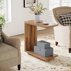 Lantine 2-Tier C-Shaped Side Table Set of 2: Narrow, Sturdy Pedestal, Industrial Design for Living Room/Bedroom, Walnut Brown.