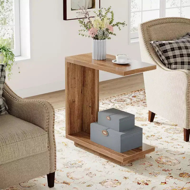 Lantine 2-Tier C-Shaped Side Table Set of 2: Narrow, Sturdy Pedestal, Industrial Design for Living Room/Bedroom, Walnut Brown.