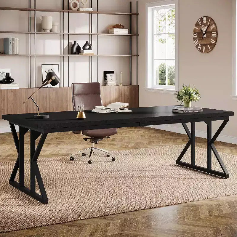 Lantine 78.74-Inch Large Executive Desk, Industrial Home Office Computer Desk, Simple Long Writing Study Table Business Furniture (Black)