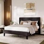 Full Size Velvet Upholstered Platform Bed Frame with Vertical Channel Tufted Wingback Headboard, No Box Spring Needed, Easy Assembly