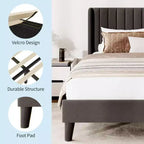 Full Size Velvet Upholstered Platform Bed Frame with Vertical Channel Tufted Wingback Headboard, No Box Spring Needed, Easy Assembly