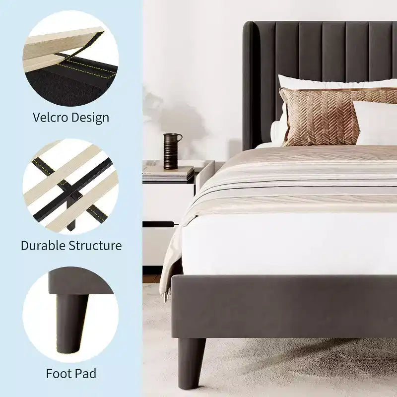 Full Size Velvet Upholstered Platform Bed Frame with Vertical Channel Tufted Wingback Headboard, No Box Spring Needed, Easy Assembly