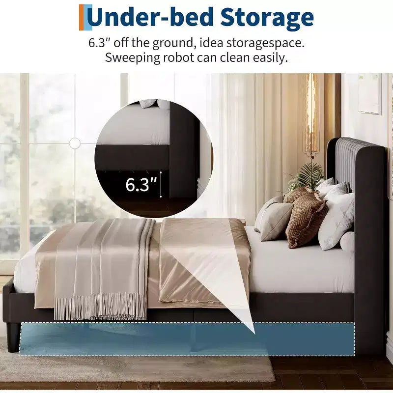 Full Size Velvet Upholstered Platform Bed Frame with Vertical Channel Tufted Wingback Headboard, No Box Spring Needed, Easy Assembly
