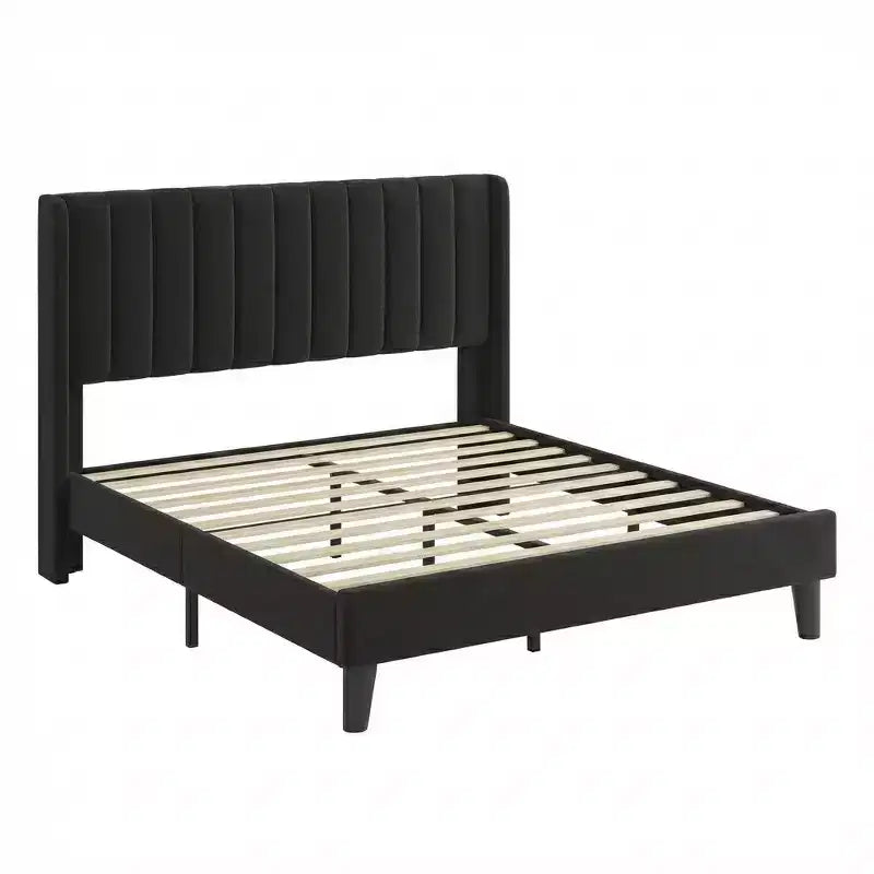 Full Size Velvet Upholstered Platform Bed Frame with Vertical Channel Tufted Wingback Headboard, No Box Spring Needed, Easy Assembly