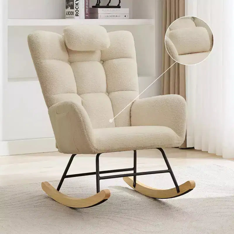 Nursery Rocking Chair, Teddy Upholstered Glider Rocking Chair with High Backrest, Armchair Reading Chair for Bedroom, Living Room, Without Ottoman