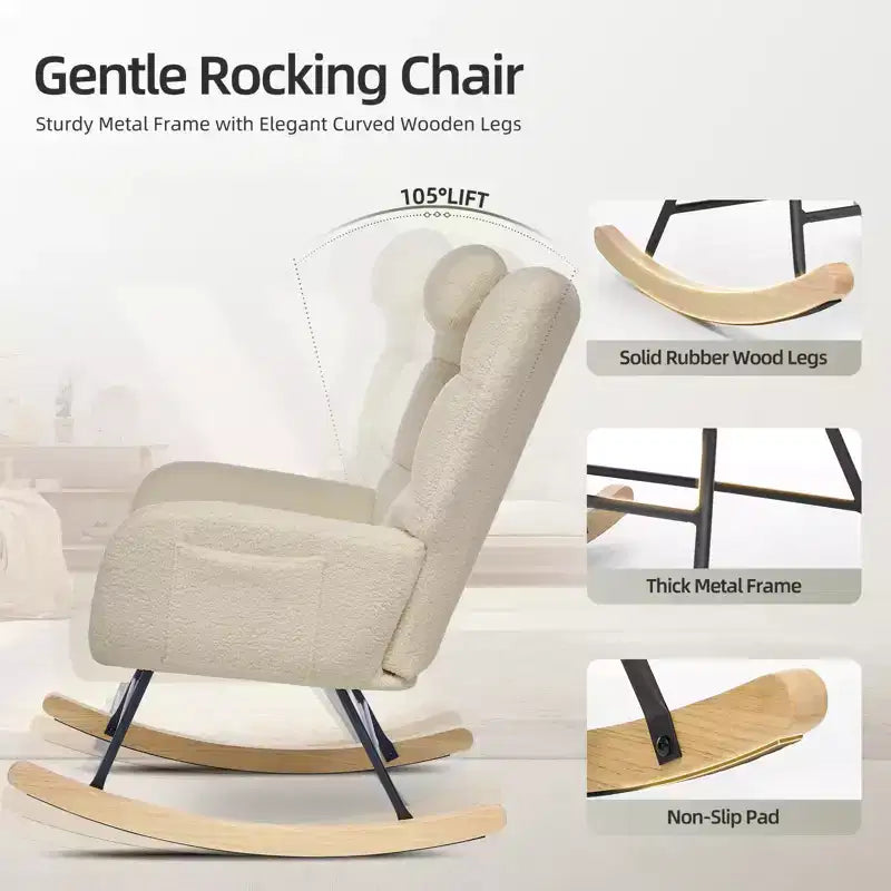 Nursery Rocking Chair, Teddy Upholstered Glider Rocking Chair with High Backrest, Armchair Reading Chair for Bedroom, Living Room, Without Ottoman