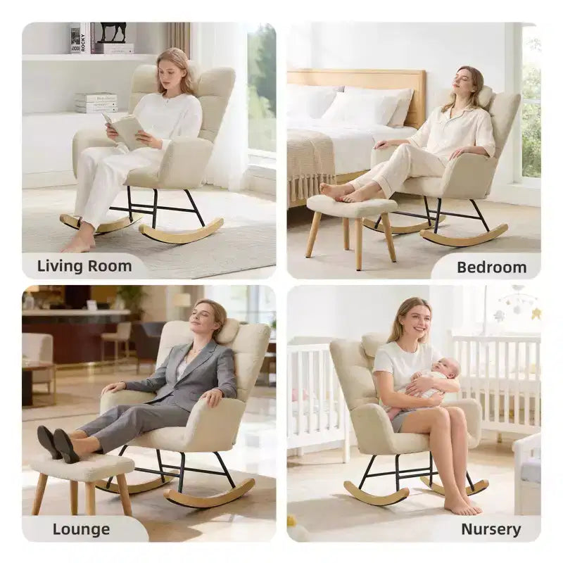 Nursery Rocking Chair, Teddy Upholstered Glider Rocking Chair with High Backrest, Armchair Reading Chair for Bedroom, Living Room, Without Ottoman