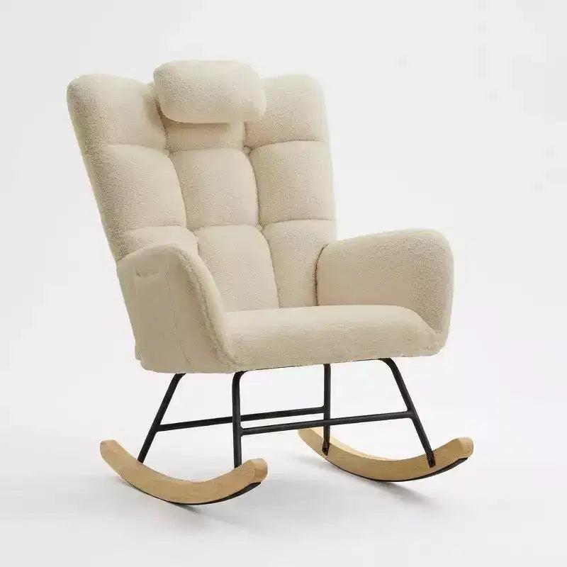 Nursery Rocking Chair, Teddy Upholstered Glider Rocking Chair with High Backrest, Armchair Reading Chair for Bedroom, Living Room, Without Ottoman