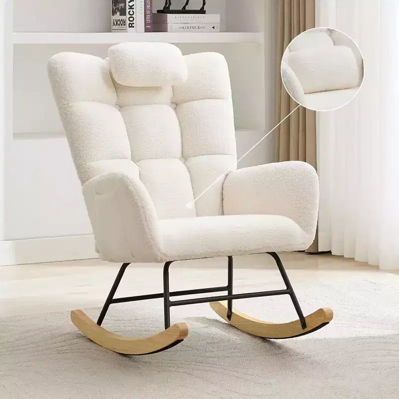 Nursery Rocking Chair, Teddy Upholstered Glider Rocking Chair with High Backrest, Armchair Reading Chair for Bedroom, Living Room, Without Ottoman