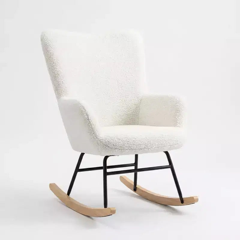 Nursery Rocking Chair, Teddy Upholstered Glider Rocking Chair with High Backrest, Armchair Reading Chair for Bedroom, Living Room, Without Ottoman