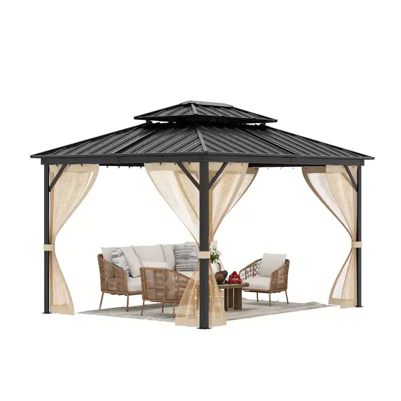 10*14FT Hard-Roof Gazebo, All Weather Conditions, Double-Roofed, Aluminum Frame, Suitable for Patios, Terraces, Backyards, Lawns, and Gardens