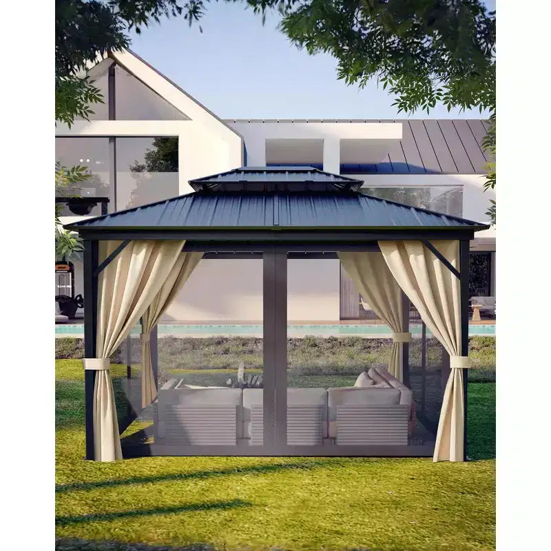 10*14FT Hard-Roof Gazebo, All Weather Conditions, Double-Roofed, Aluminum Frame, Suitable for Patios, Terraces, Backyards, Lawns, and Gardens