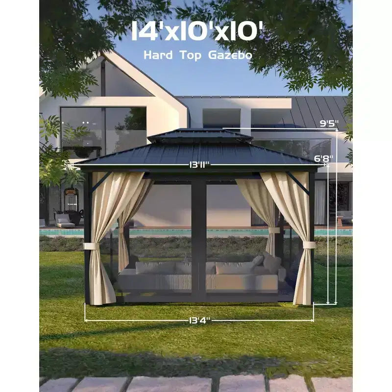 10*14FT Hard-Roof Gazebo, All Weather Conditions, Double-Roofed, Aluminum Frame, Suitable for Patios, Terraces, Backyards, Lawns, and Gardens