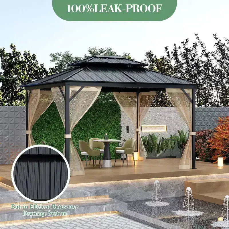 10*14FT Hard-Roof Gazebo, All Weather Conditions, Double-Roofed, Aluminum Frame, Suitable for Patios, Terraces, Backyards, Lawns, and Gardens