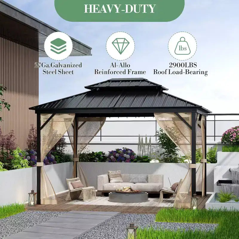 10*14FT Hard-Roof Gazebo, All Weather Conditions, Double-Roofed, Aluminum Frame, Suitable for Patios, Terraces, Backyards, Lawns, and Gardens