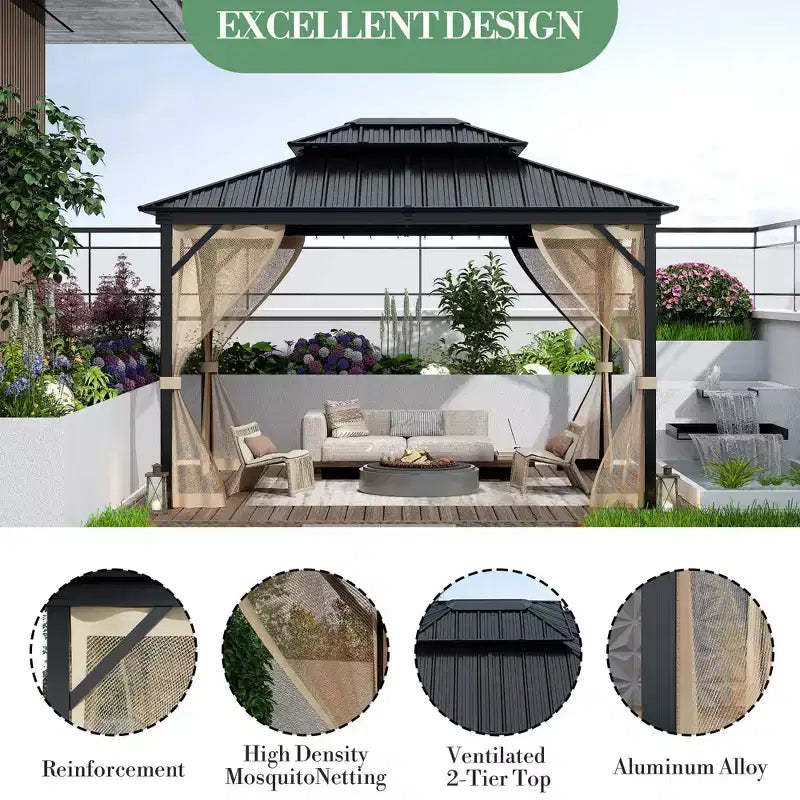 10*14FT Hard-Roof Gazebo, All Weather Conditions, Double-Roofed, Aluminum Frame, Suitable for Patios, Terraces, Backyards, Lawns, and Gardens